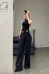 mame kurogouchi viscose hemp high waist pants MM22SS PT036 navy blue